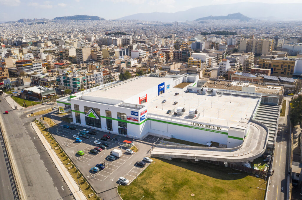 Aerial view of streets and Leroy Merlin, Jysk & Intersport Retail store