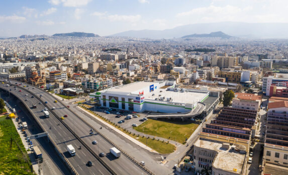 Aerial view of streets and Leroy Merlin, Jysk & Intersport Retail store