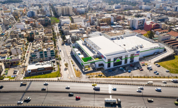 Aerial view of streets and Leroy Merlin, Jysk & Intersport Retail store