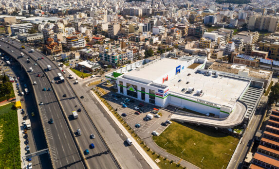 Aerial view of streets and Leroy Merlin, Jysk & Intersport Retail store