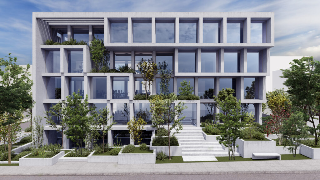 Office building front with plants