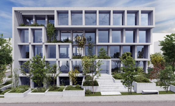 Office building front with plants